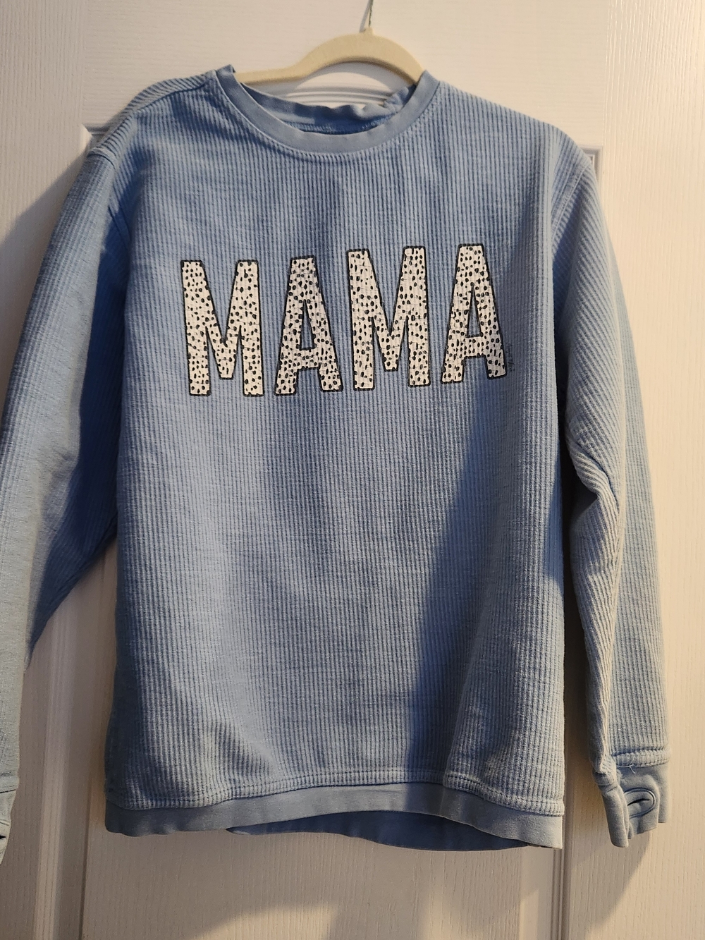 Light Blue "MAMA" Waffle-Knit Crewneck Sweatshirt M Euc